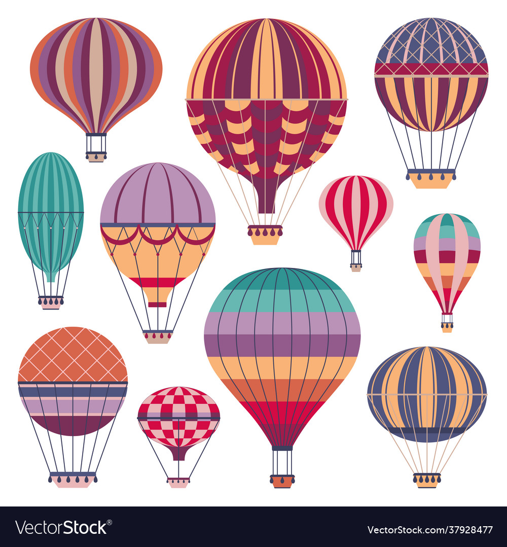 Vintage striped air balloons icons in flat