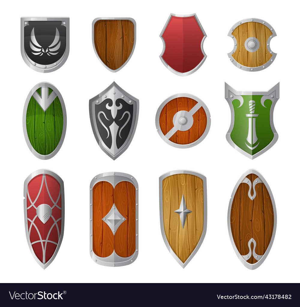 Cartoon shields wooden and metal armor medieval Vector Image