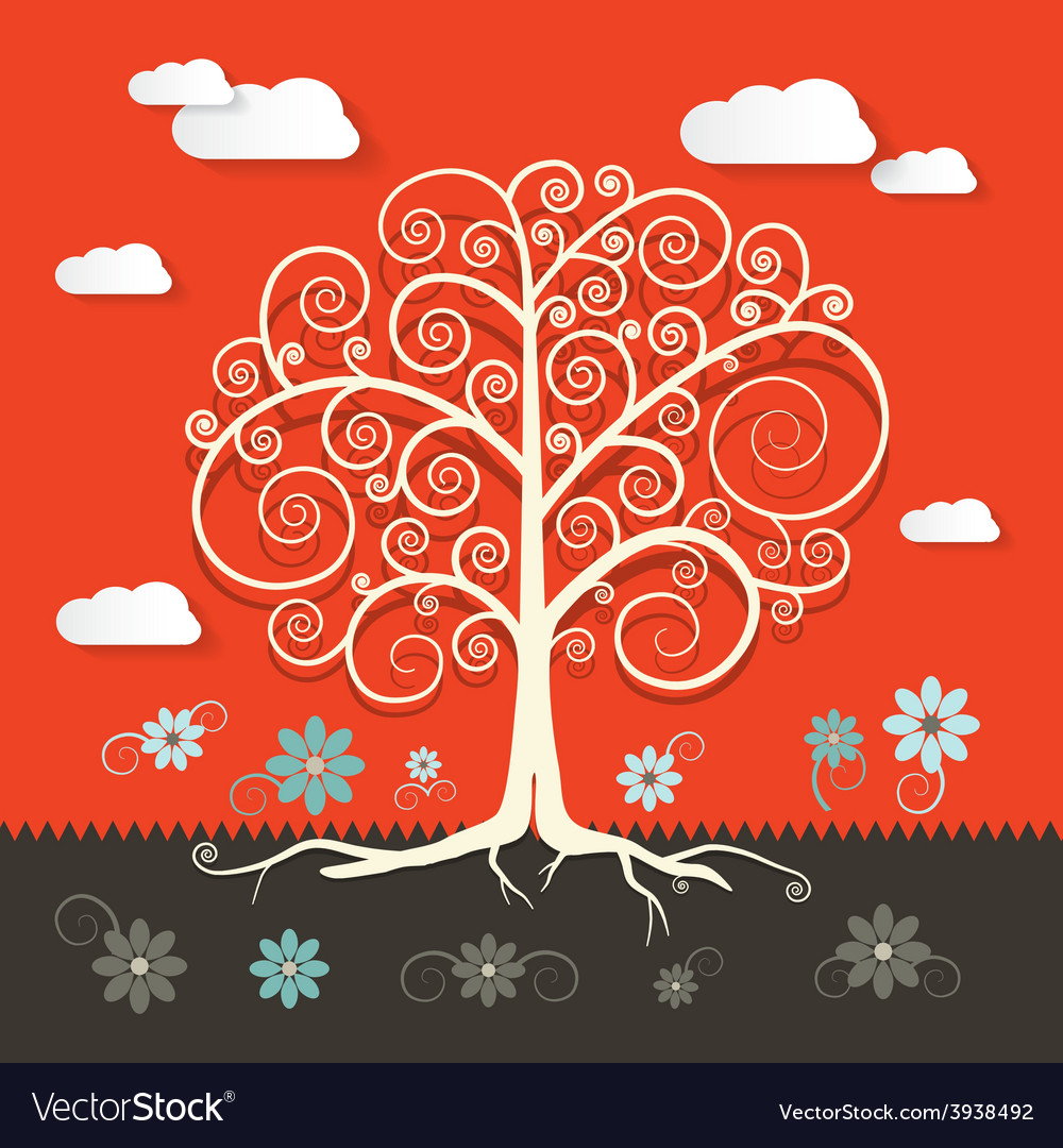 Abstract retro flat design tree with clouds