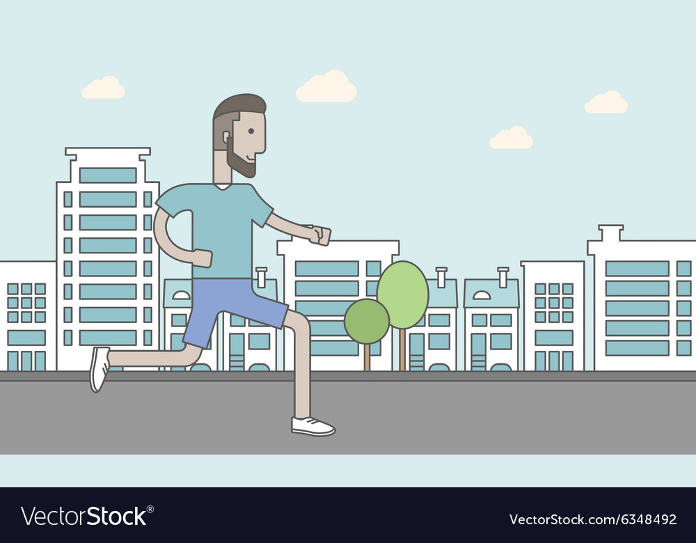 Caucasian hipster man with beard jogging on street