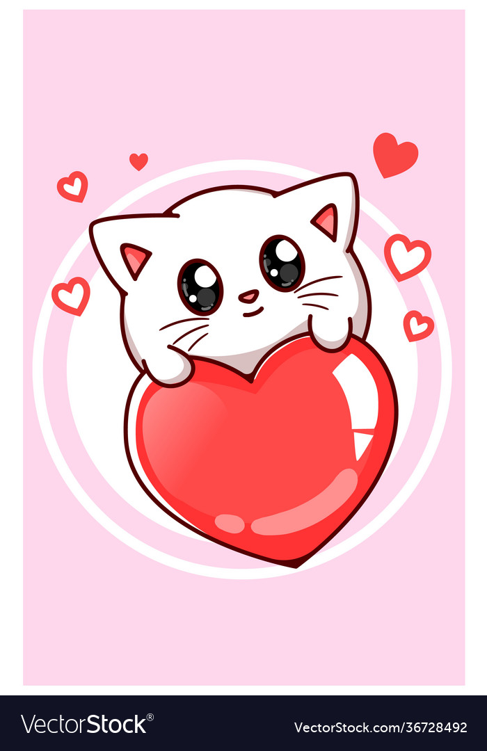 Cute cat on big heart cartoon