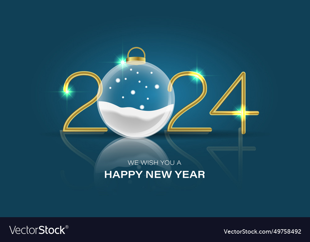 Happy New Year 2024 Gold Number Stars Glass Ball Vector Image