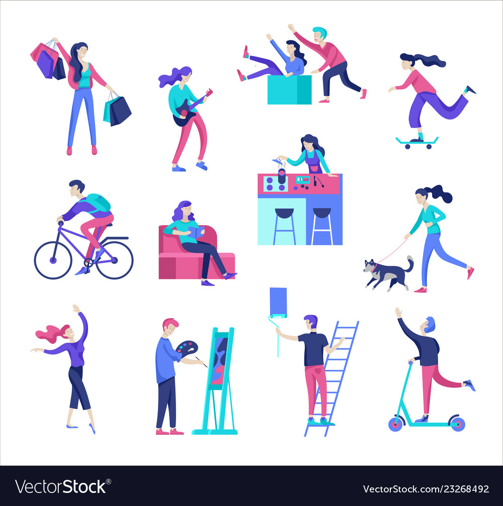 People enjoying their hobbies character Royalty Free Vector