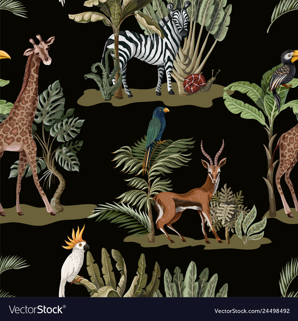 Tropical Leaves and Animals Seamless Pattern
