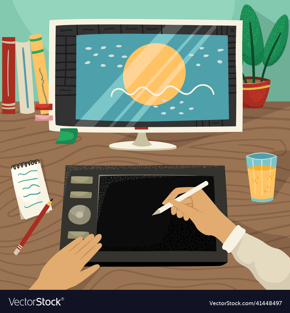 An working on a graphic tablet with monitor vector image An working on a graphic tablet with monitor