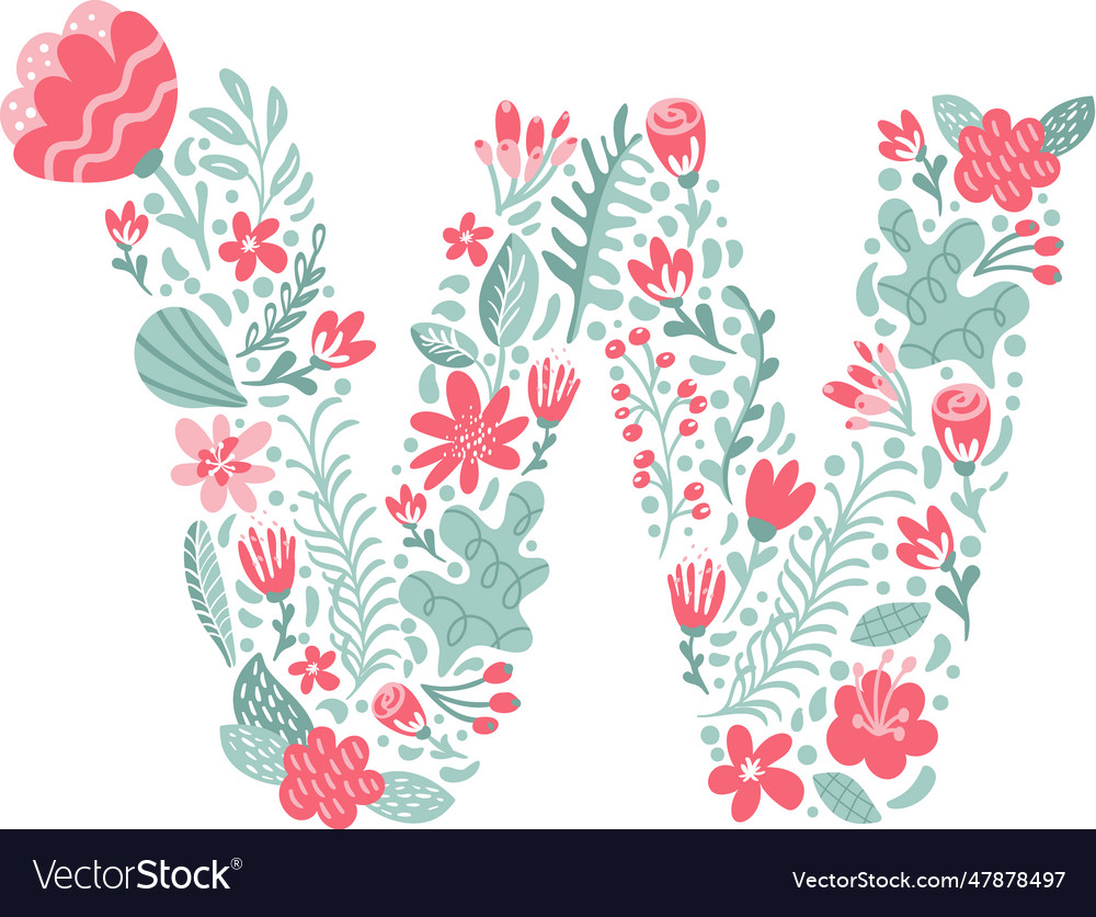 Hand drawn font letter w with flowers Royalty Free Vector