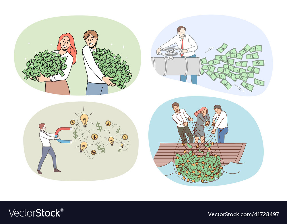 Set of happy businessman with stacks cash