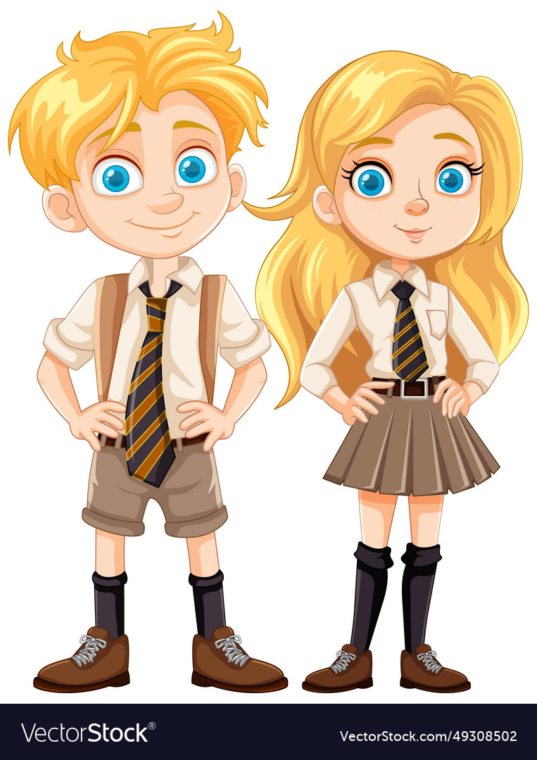 Blonde students in uniform cartoon characters Vector Image