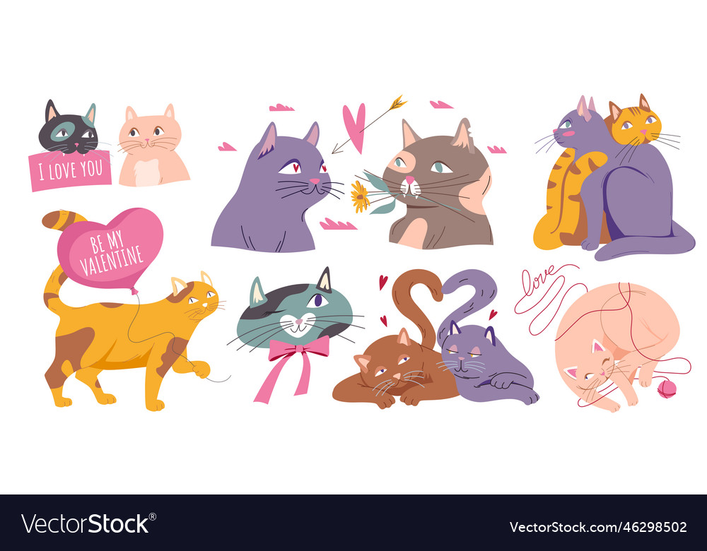 Cute cats in love set animals sitting or lying