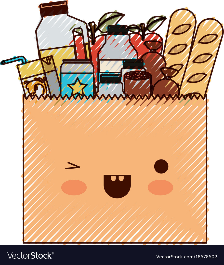 Kawaii paper bag with market of food and drinks