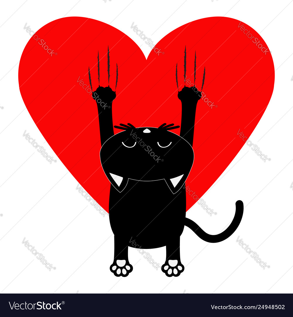 Red heart cartoon black cat back view bloody