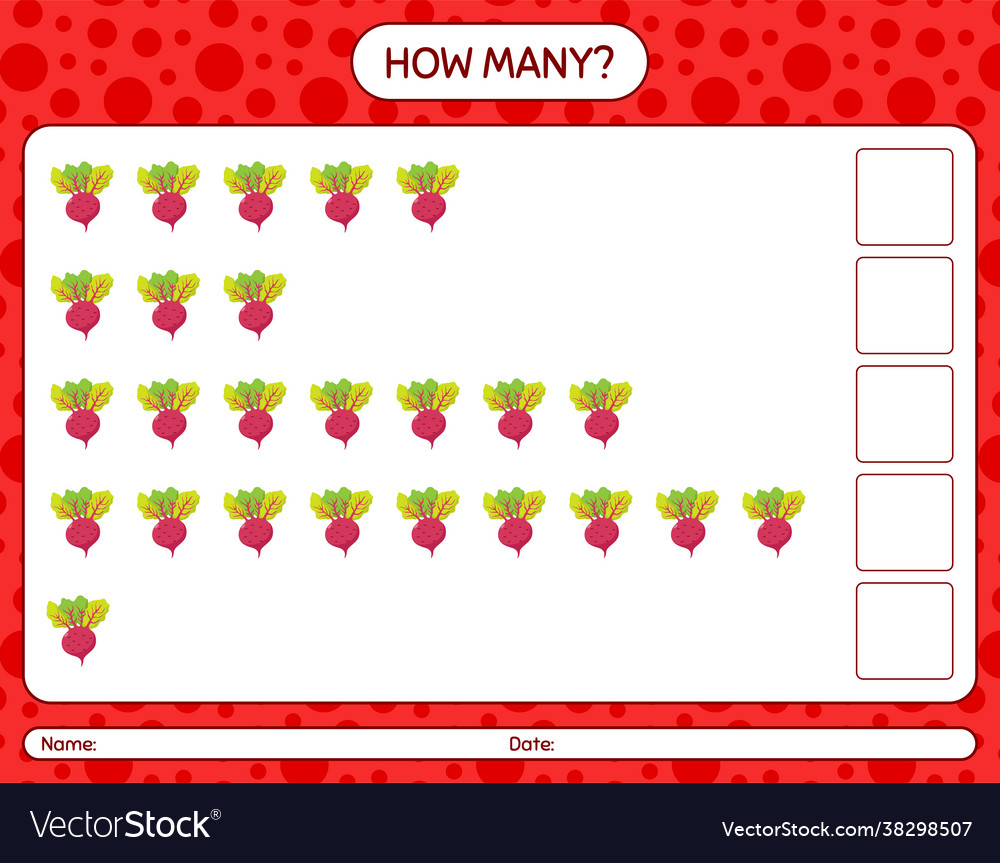 How many counting game with beet root worksheet vector image How many counting game with beet root worksheet