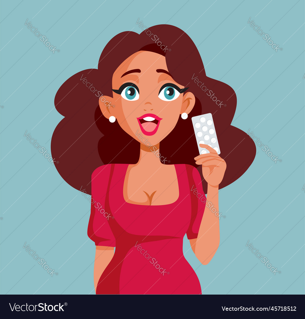 Happy woman holding pills cartoon