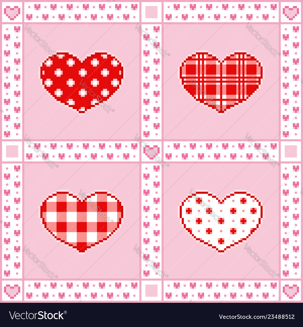 Patchwork background with hearts pixel-art style vector image Patchwork background with hearts pixel-art style