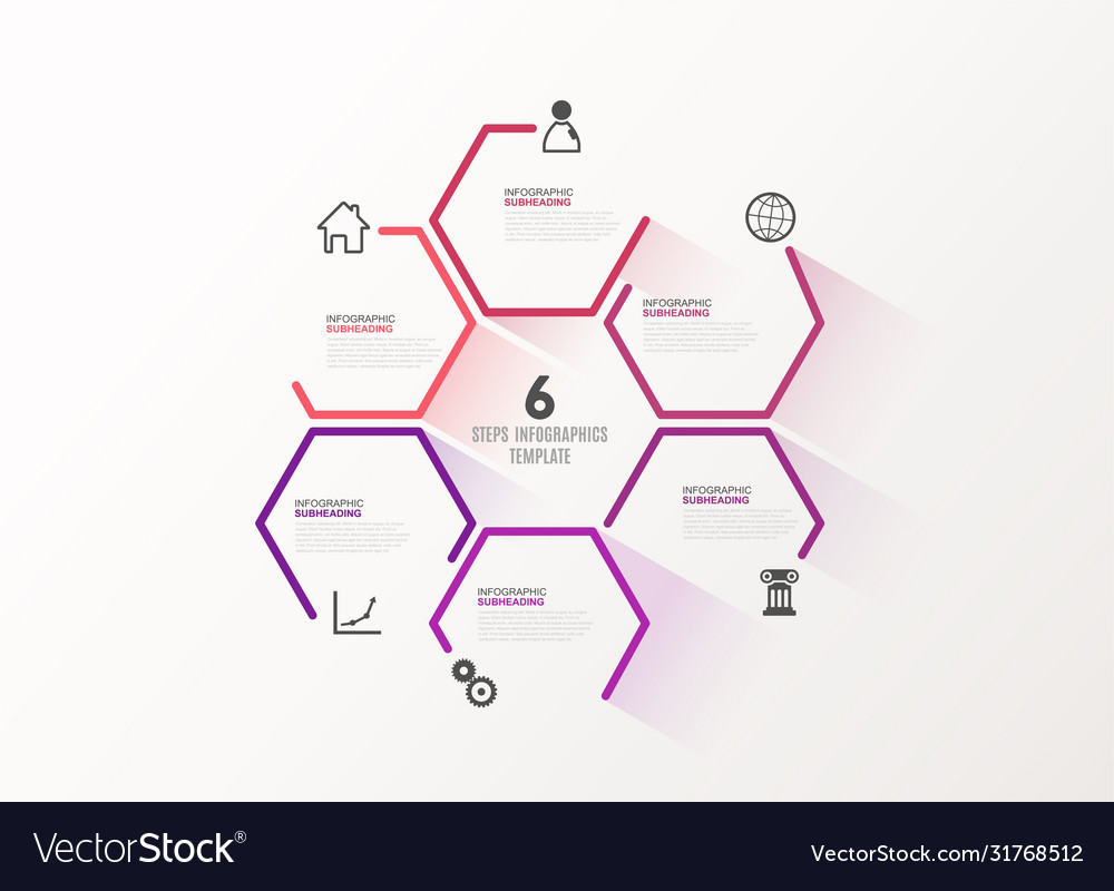 Six colorful hexagon progress steps with icons