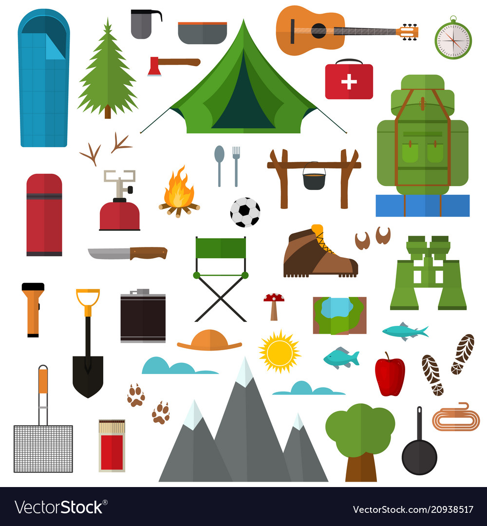 Cartoon mountain hike elements set