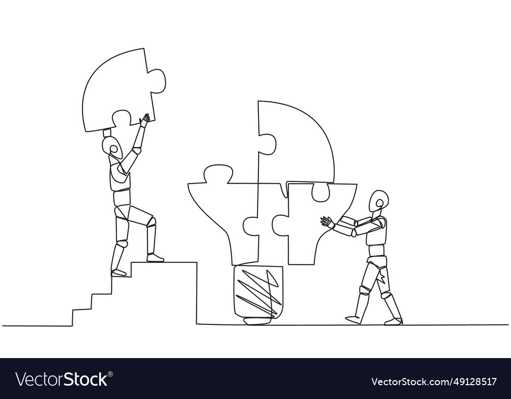 Continuous one line drawing two robots put vector image Continuous one line drawing two robots put