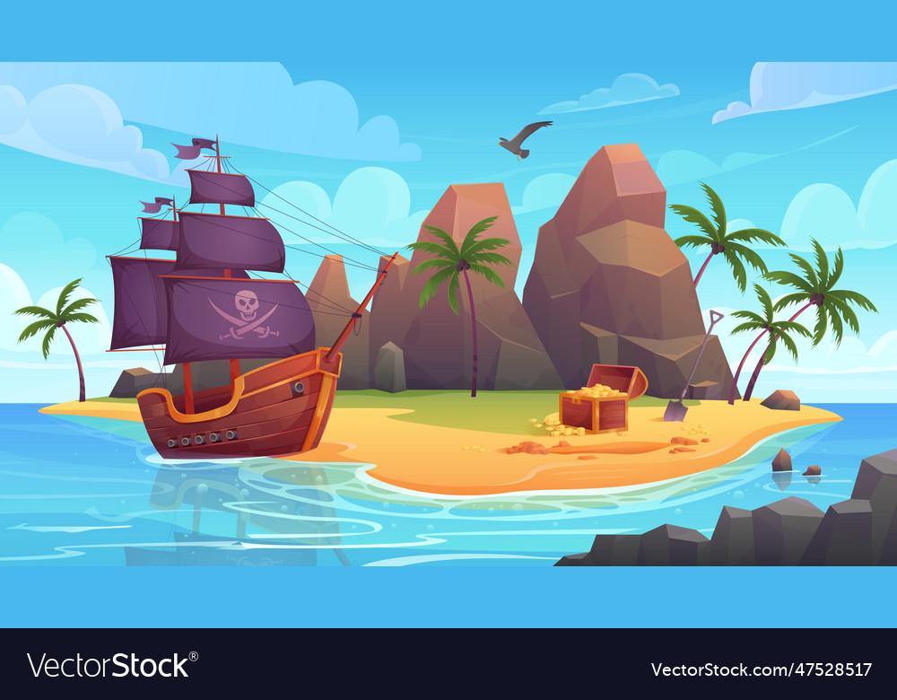 Pirate island with ship and treasure chest on sea Vector Image