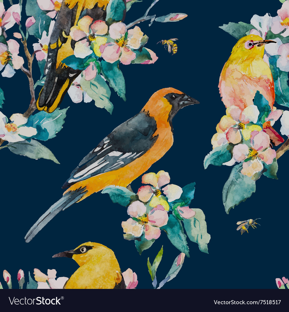 Spring pattern flowering branch oriole and white