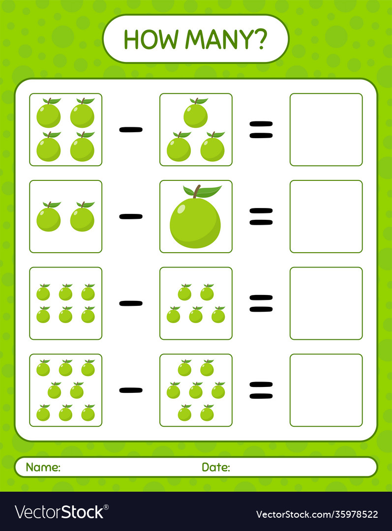 How many counting game guava worksheet vector image How many counting game guava worksheet