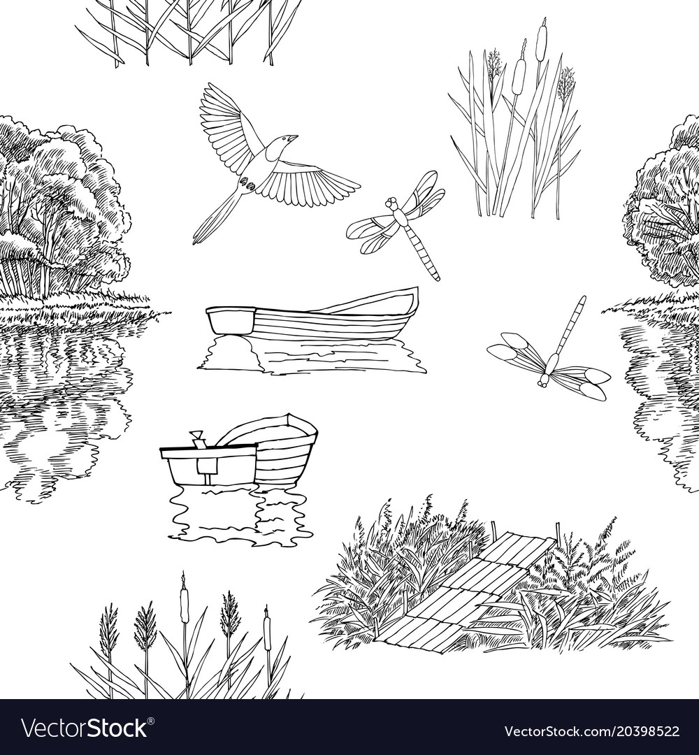 Seamless pattern with boat and trees