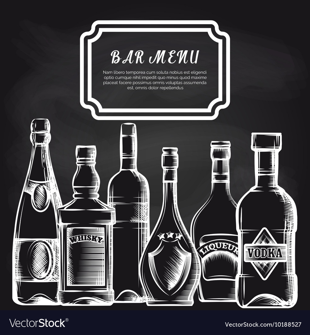 Bottles on chalkboard bar menu background Vector Image