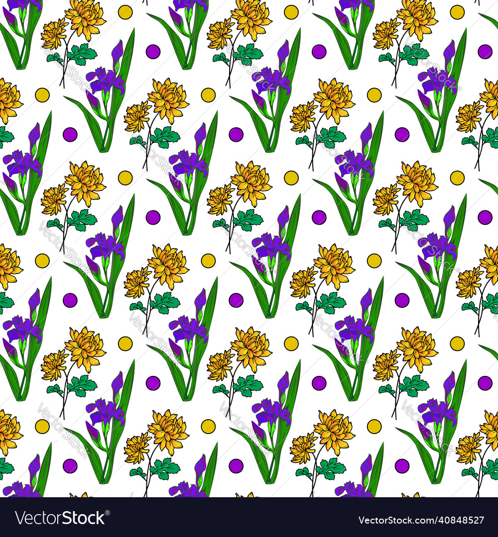 Chrysanthemum iris flower mix seamless pattern