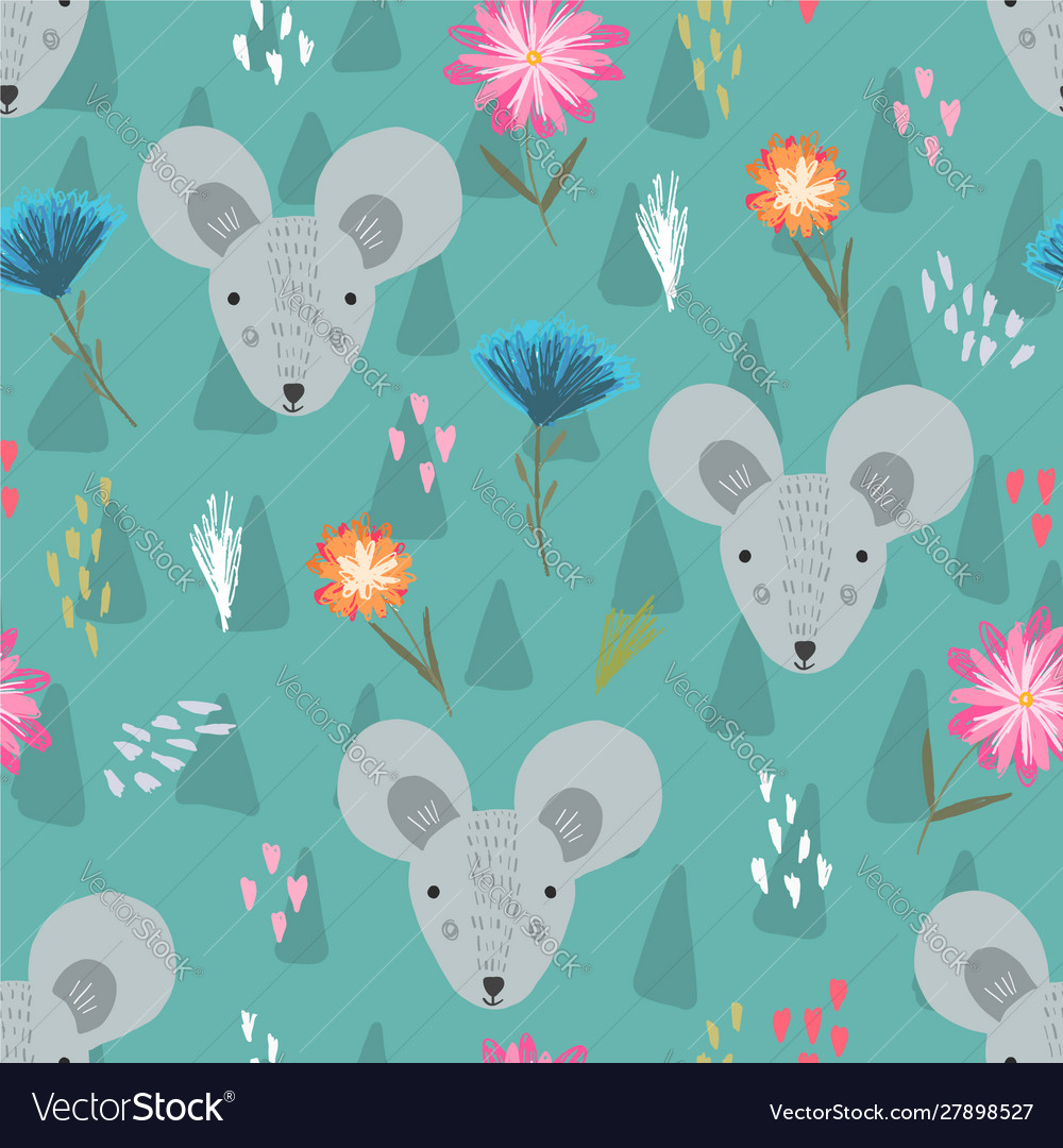 Cute Teal Floral Mouse Pattern