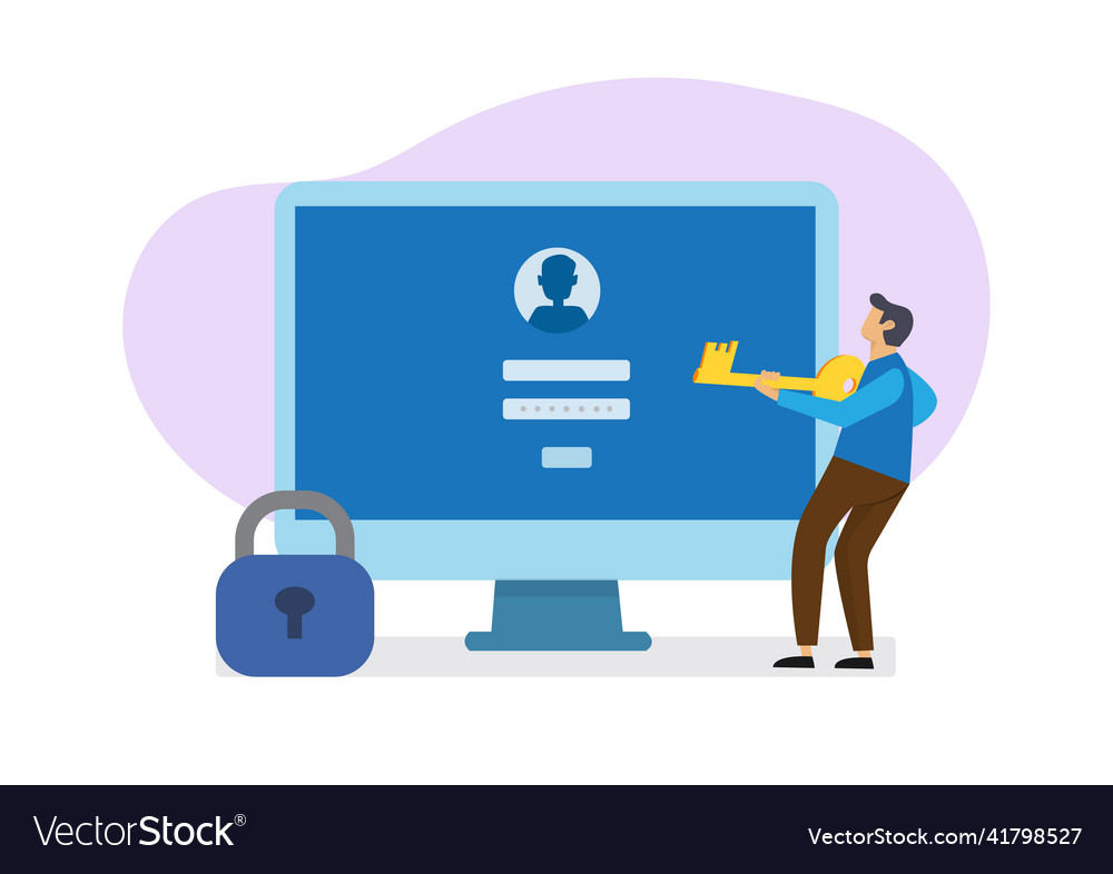 Man with keys near computer and login account vector image Man with keys near computer and login account