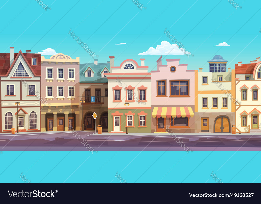 Old city full houses crossroad front view Vector Image