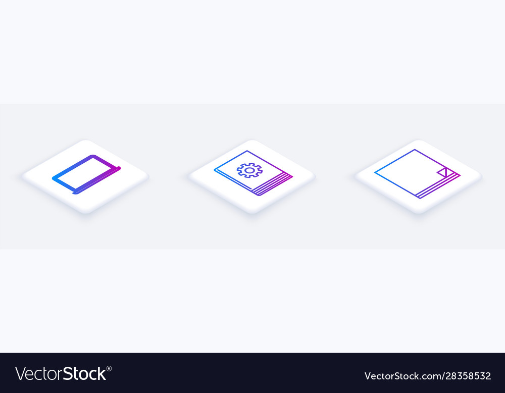 Set isometric line laptop user manual and file vector image Set isometric line laptop user manual and file
