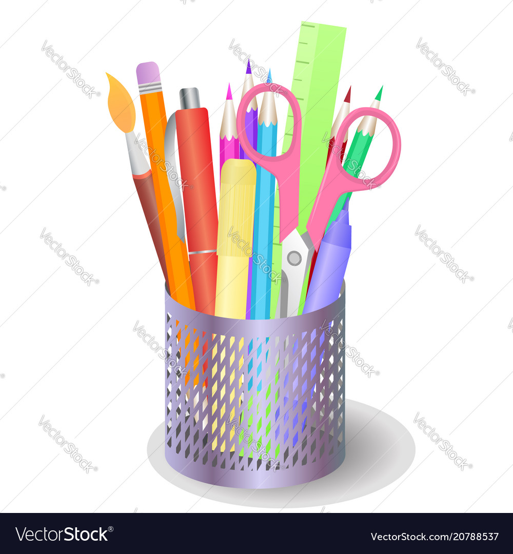 Metal box with stationery and drawing tools Vector Image