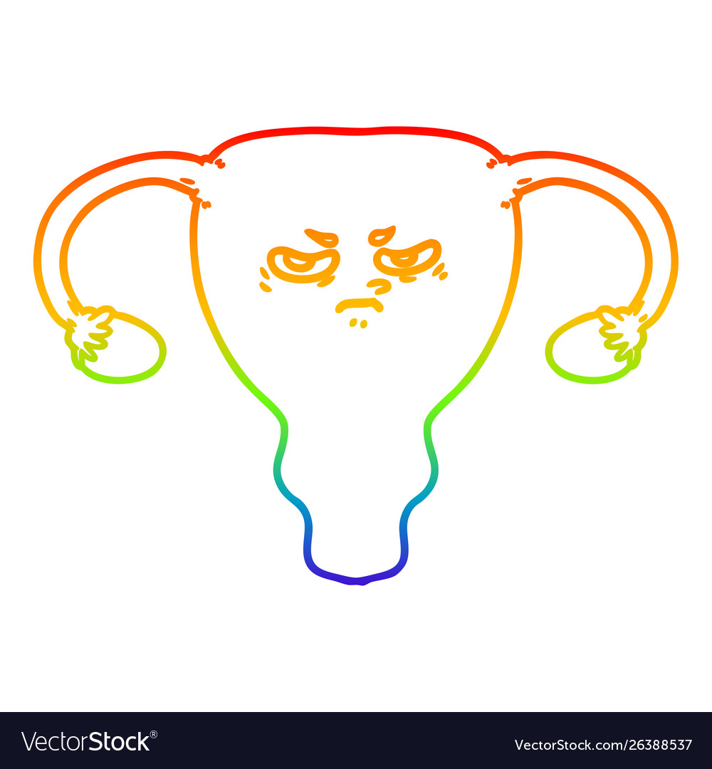 Rainbow gradient line drawing cartoon angry uterus