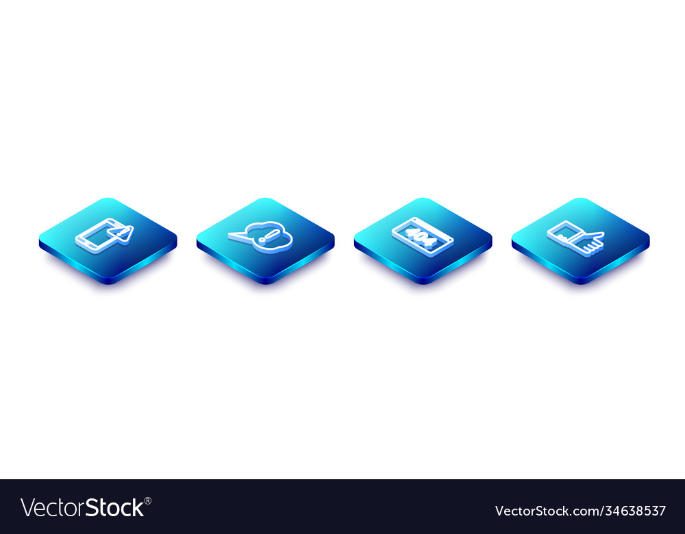 Set isometric line mobile with exclamation mark