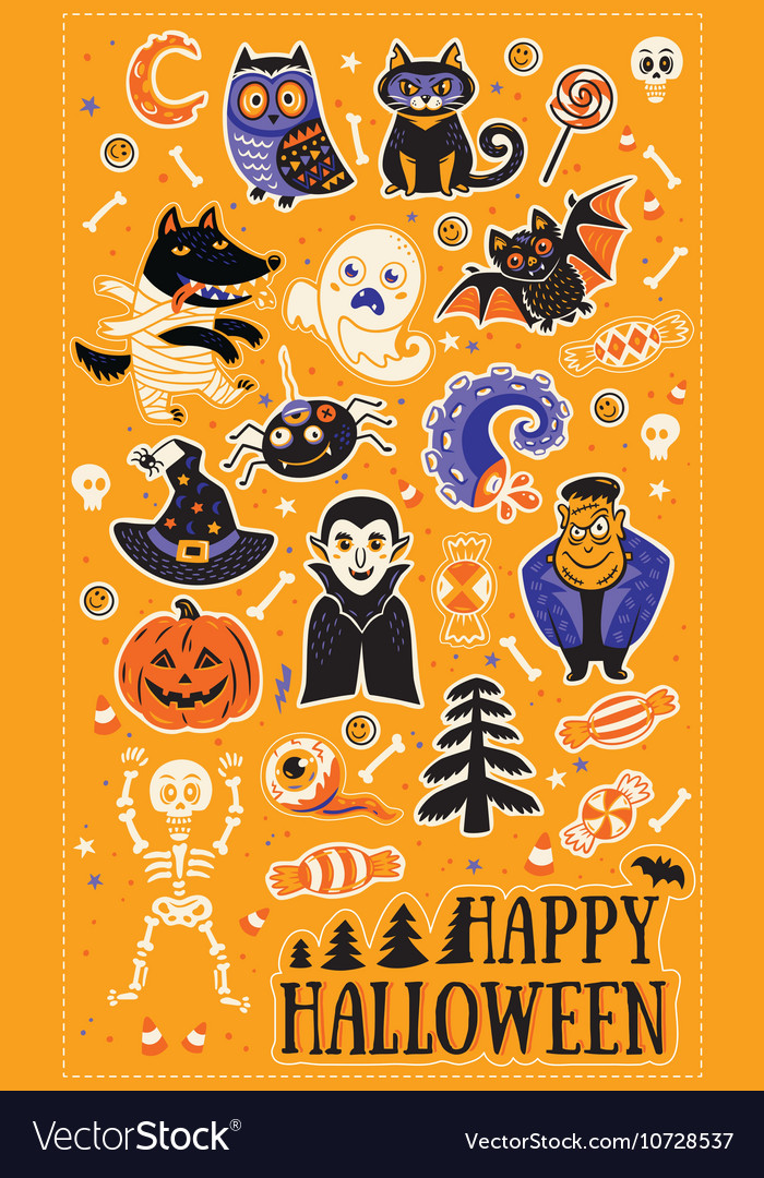 Sticker set with cartoon characters and elements