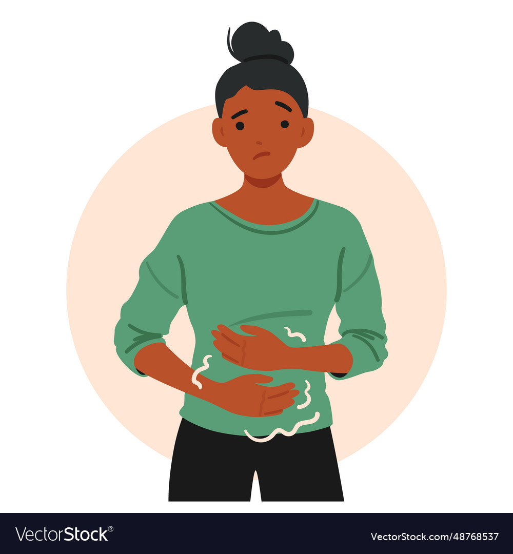 Woman grimaces clutching her stomach Royalty Free Vector