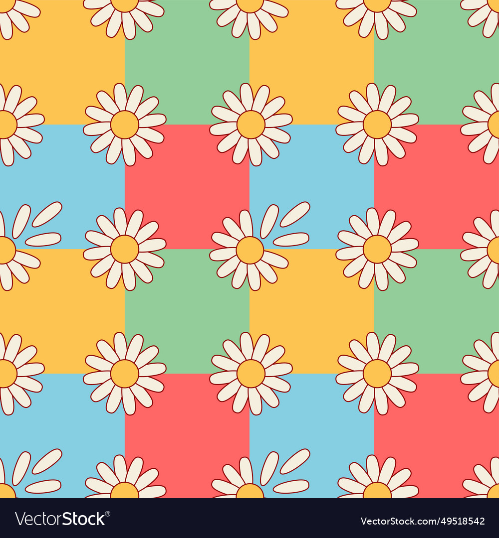 Seamless repeat square chess pattern with daisies vector image Seamless repeat square chess pattern with daisies