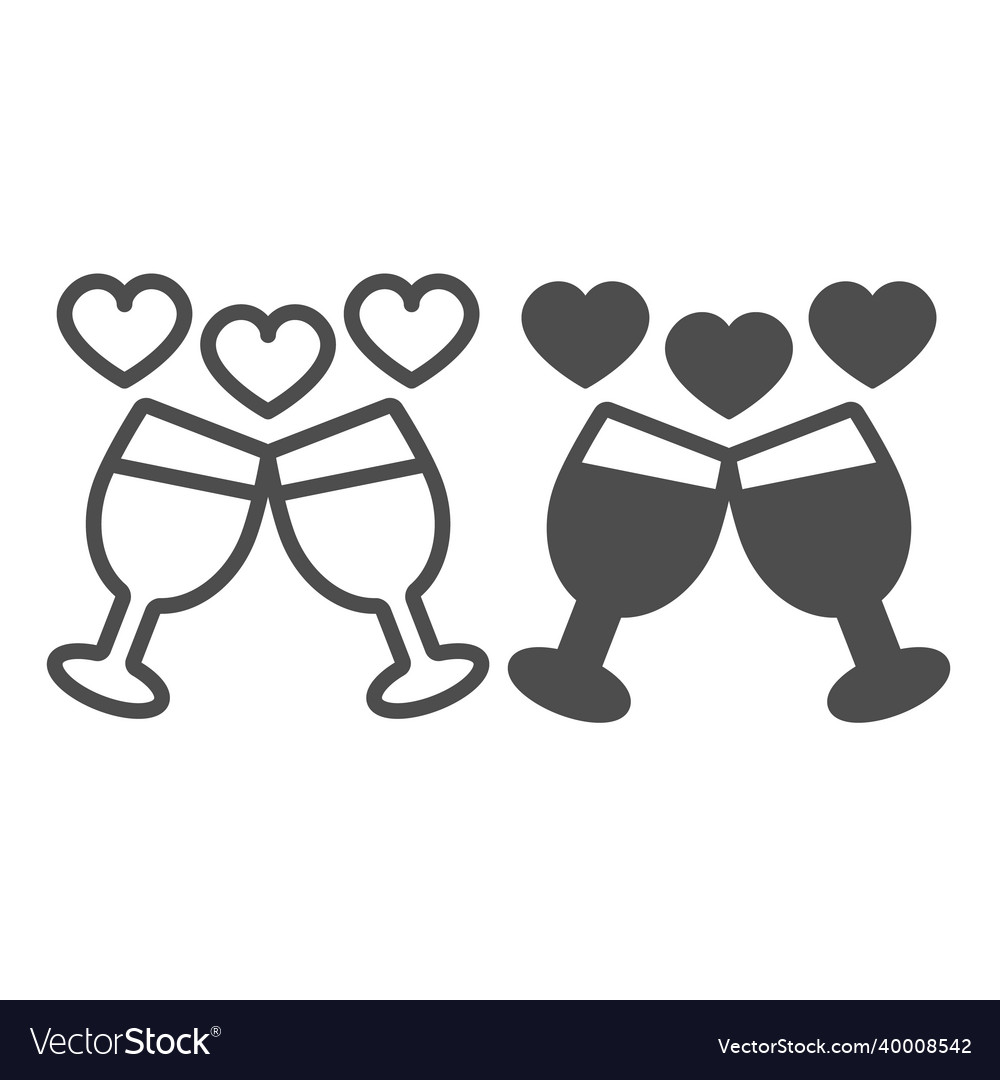 Two wine glasses and hearts line and solid icon Vector Image