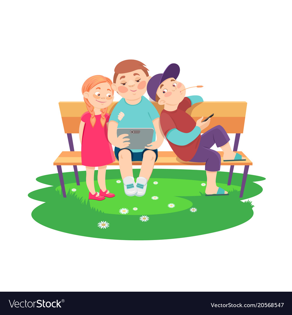 Cartoon children rest in the evening on bench Vector Image