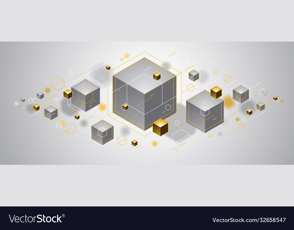 Cubes cluster with golden elements lines and dots vector image Cubes cluster with golden elements lines and dots