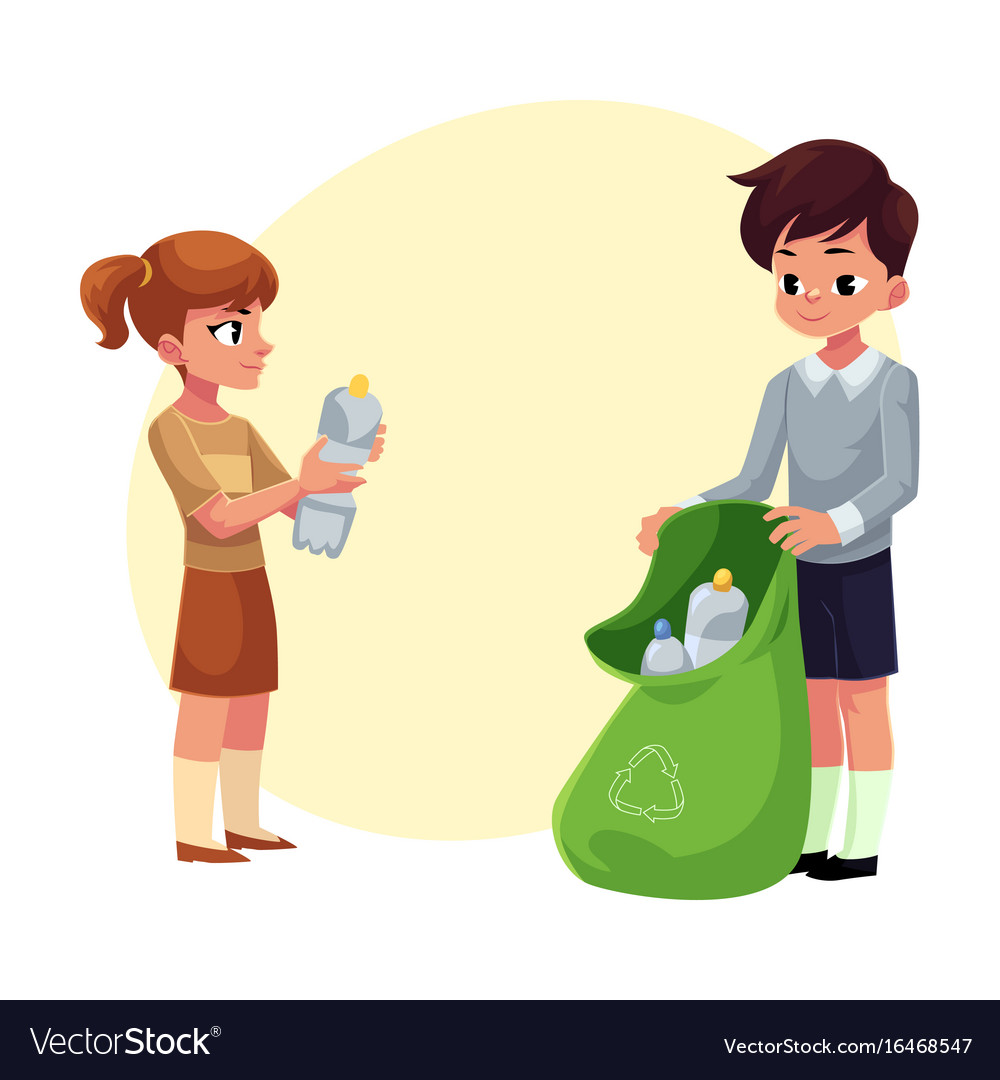 Kids collect plastic bottles into garbage bag Vector Image