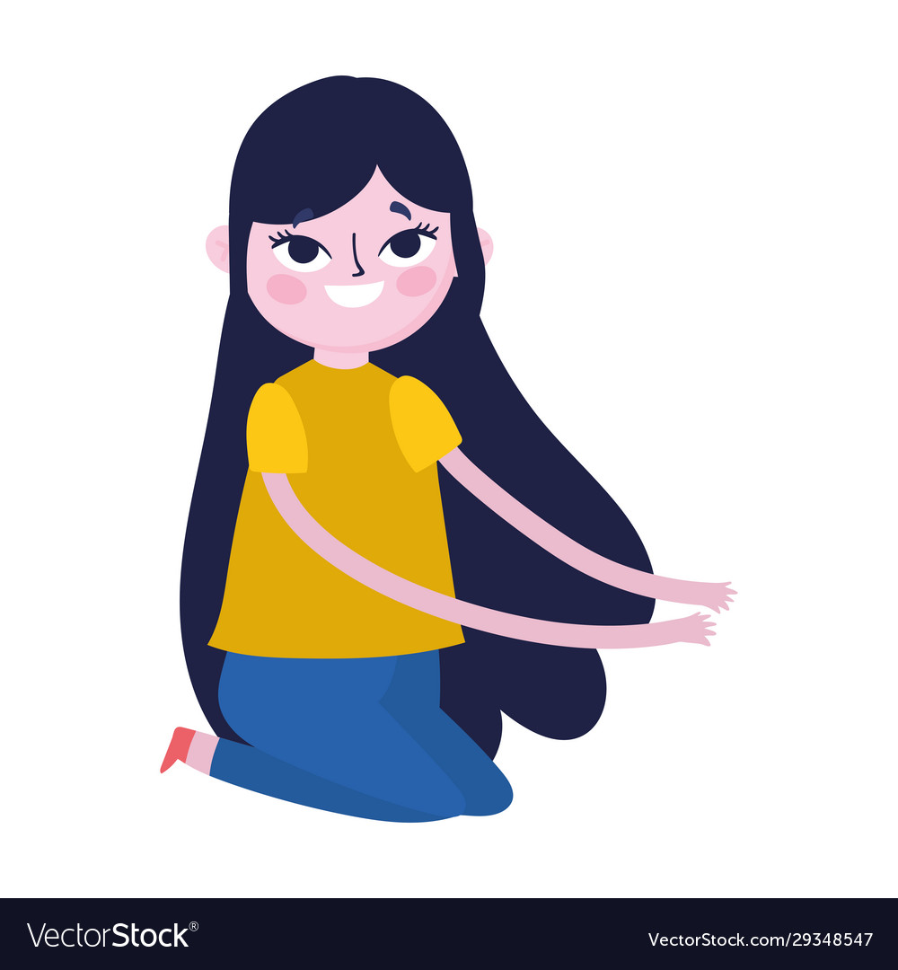 Kneeling young woman cartoon character on white