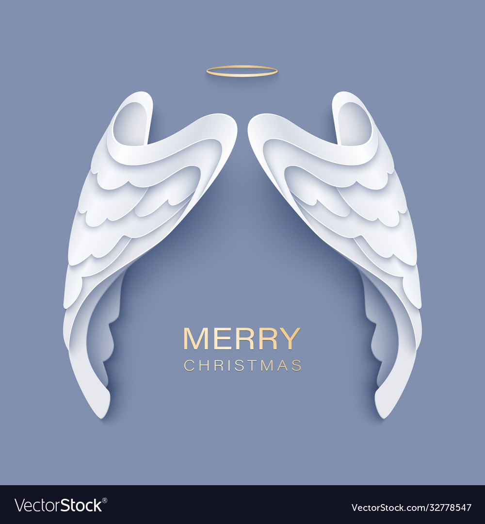 Merry christmas paper cut card with white angel Vector Image