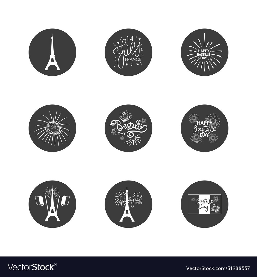 Eiffel tower and bastille day icon set block vector image Eiffel tower and bastille day icon set block