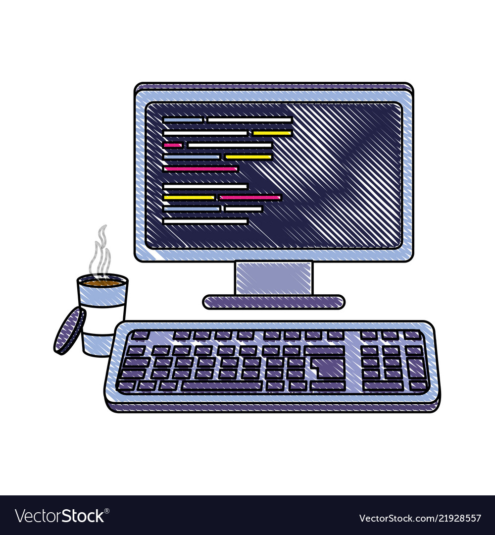 Grated computer with programming code and hot vector image Grated computer with programming code and hot