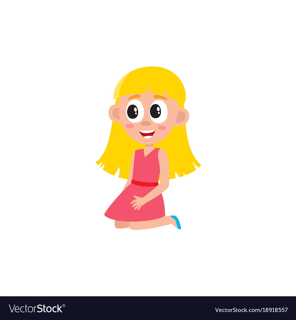 Little blond girl in pink dress sitting on floor