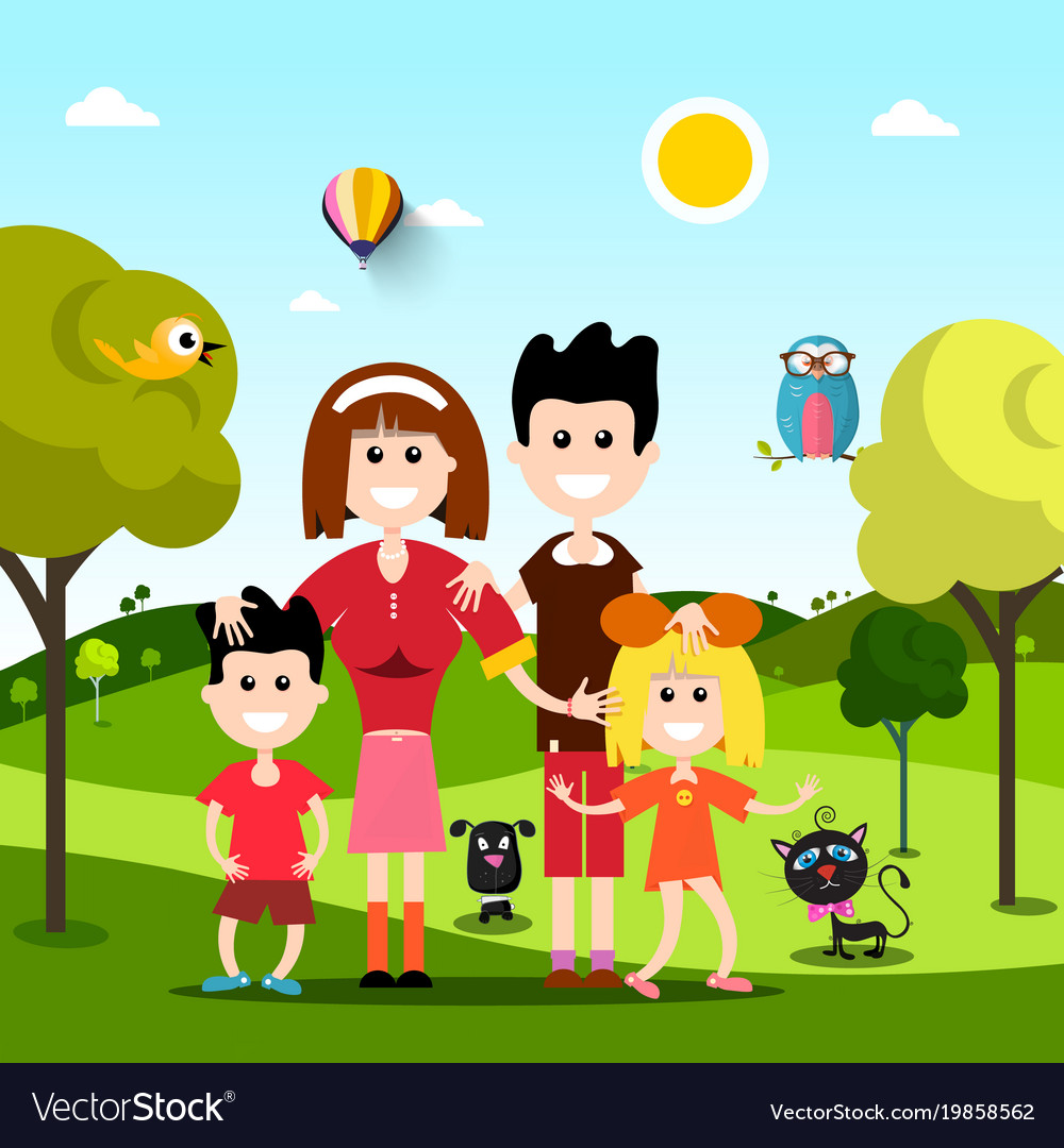 Happy family on field with pets animals flat Vector Image Happy family on field with pets animals flat Vector Image