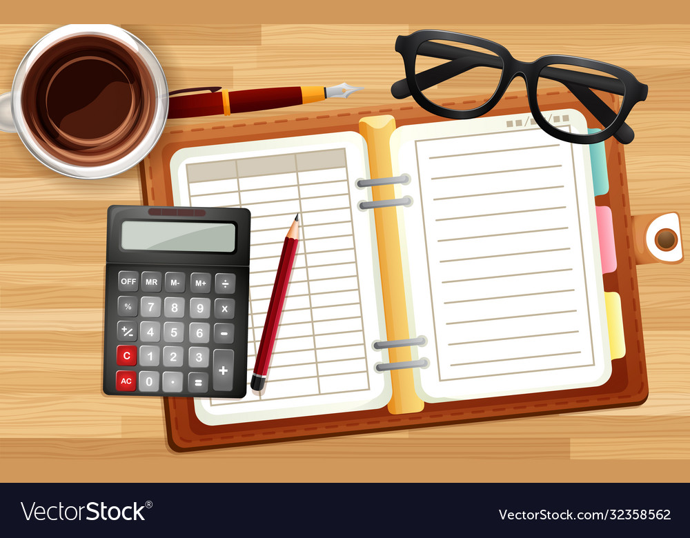 Office desk close up with notebook and calculator vector image Office desk close up with notebook and calculator