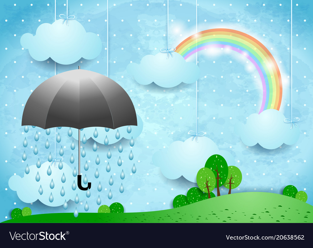 Surreal landscape with umbrella and rain