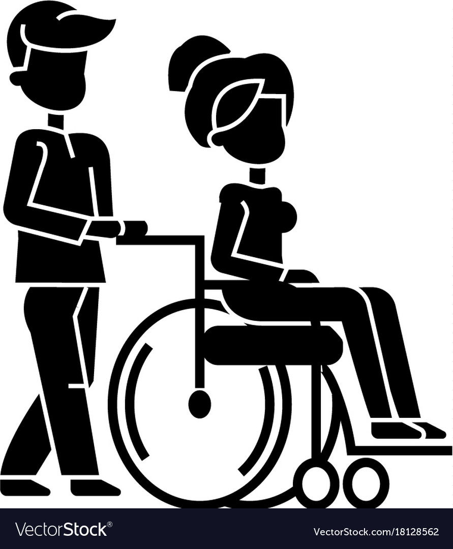 Young man strolling with woman in wheelchair